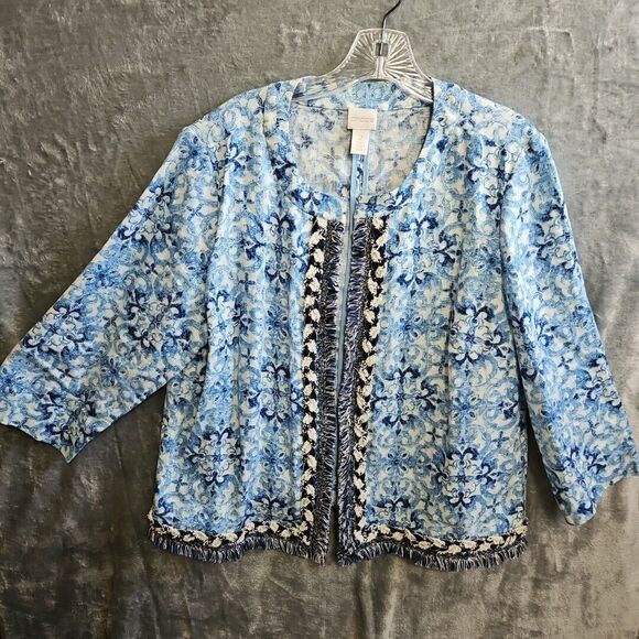 Chico's Jackets & Blazers - Chico's tops size 2 (Lg) Jacket 100% Linen blue white geometric 3/4 sl fringe